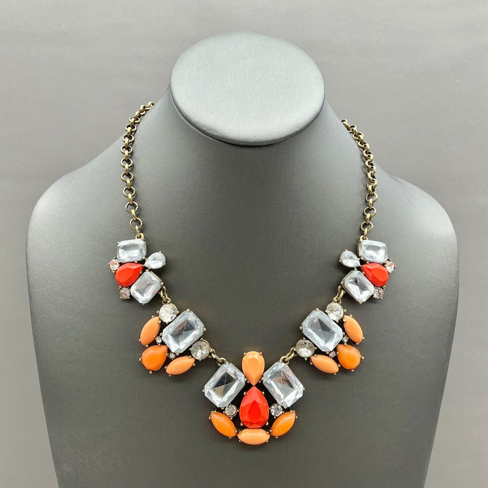 J.Crew Necklace Statement Bib Orange Coral Blue Crystal Rhinestone Gold Tone 16"